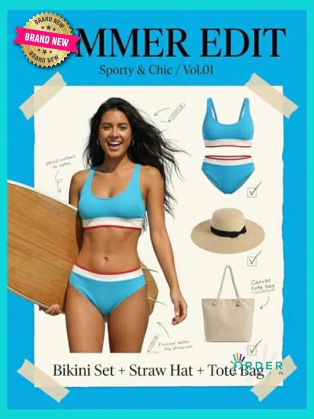 Sporty Two Piece Bikini Set Scoop Neck Padded Cups Adjustable Straps Full